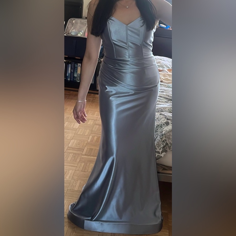David’s Bridal Galina Signature Dusty Blue Sculpting Satin Tank Dress Size 8